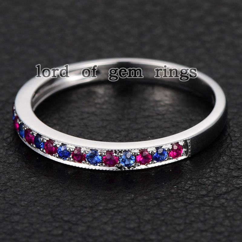Pave Ruby/Sapphire Wedding Band Half Eternity Anniversary Ring 14K White Gold - Lord of Gem Rings - 5
