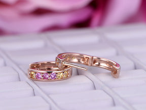 Round Pink/Yellow Sapphires Hoops Earrings 14K Rose Gold