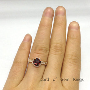 Round Garnet Engagement Ring Sets Pave Diamond Wedding 14K Rose Gold 7mm - Lord of Gem Rings - 5