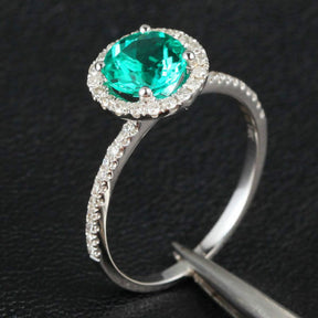 Round Emerald Engagement Ring Pave Diamond Wedding 14K White Gold 6.5mm - THIN DESIGN - Lord of Gem Rings - 5