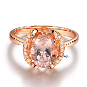 Oval Morganite Engagement Ring VS Diamond 14K Rose Gold 7x9mm  Floral - Lord of Gem Rings - 4