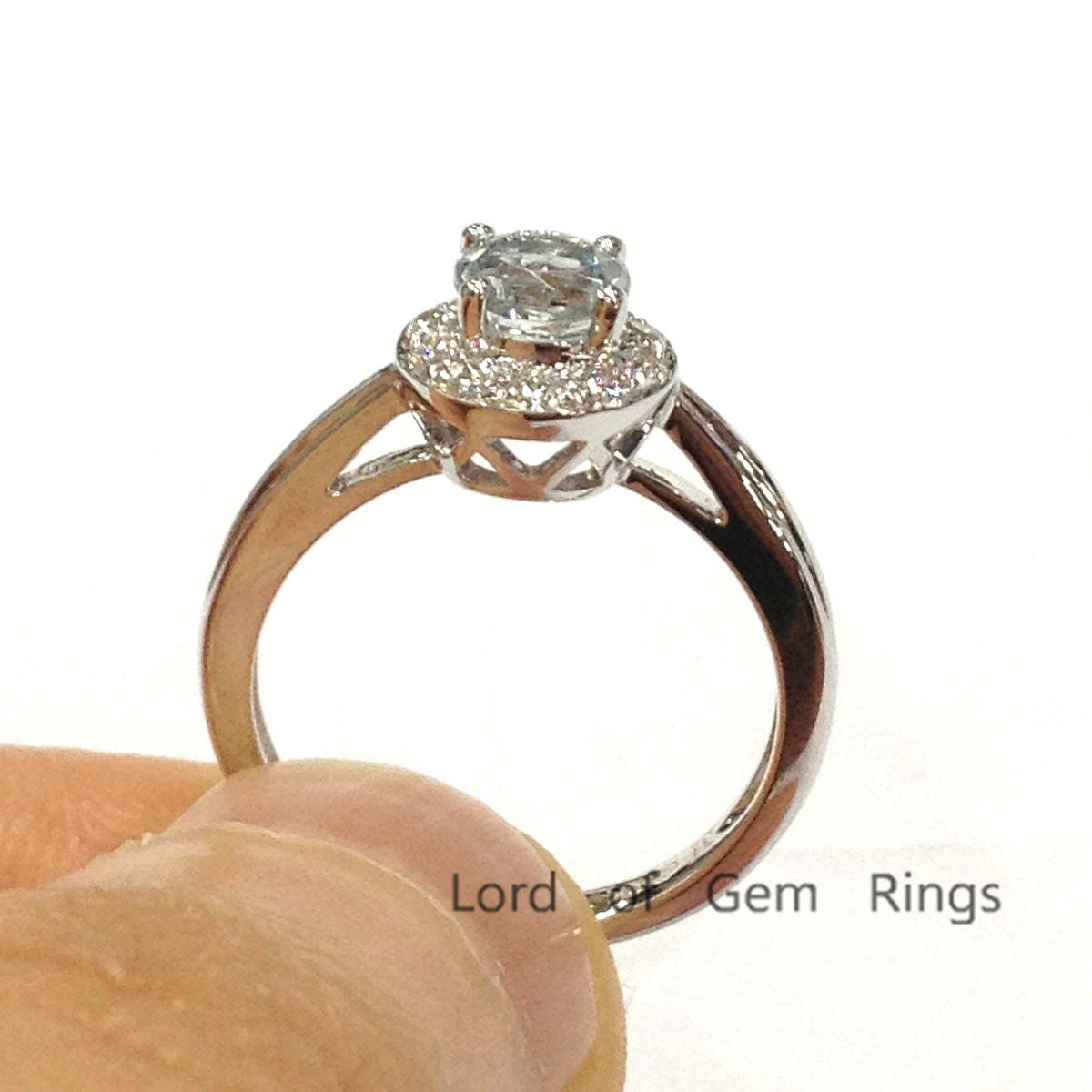 Round Aquamarine Engagement Ring Pave Diamond Halo 14K White Gold 5mm - Lord of Gem Rings - 5