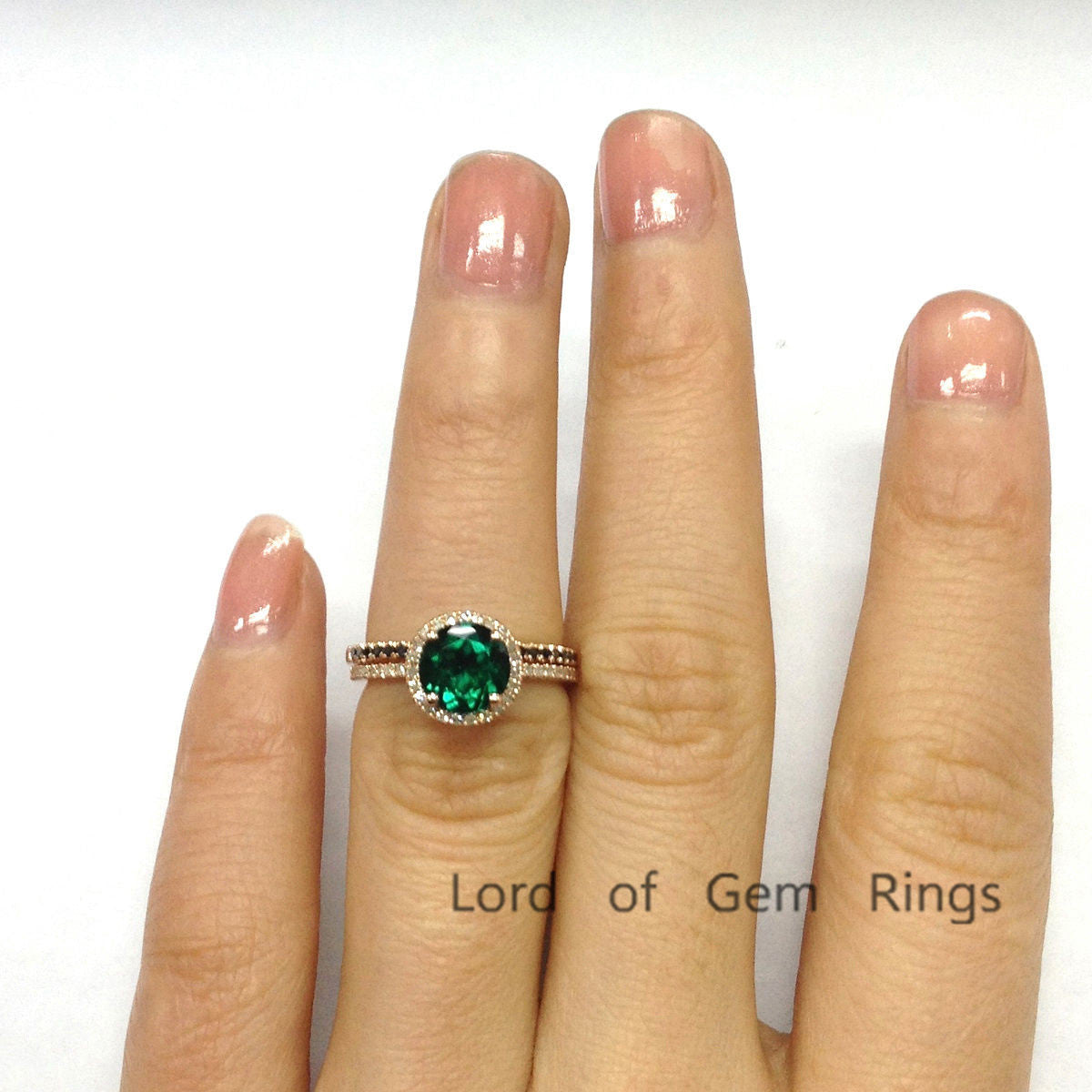 Round Emerald Engagement Ring Sets Pave Black Diamond Wedding Band 14K Rose Gold 7mm - Lord of Gem Rings - 5