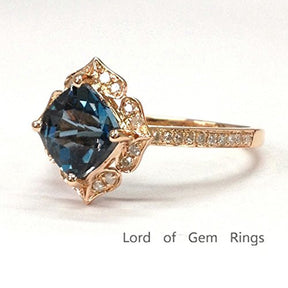 Cushion London Blue Topaz Engagement Ring Pave Diamond Wedding 14K Rose Gold,8mm,Floral Style - Lord of Gem Rings - 5
