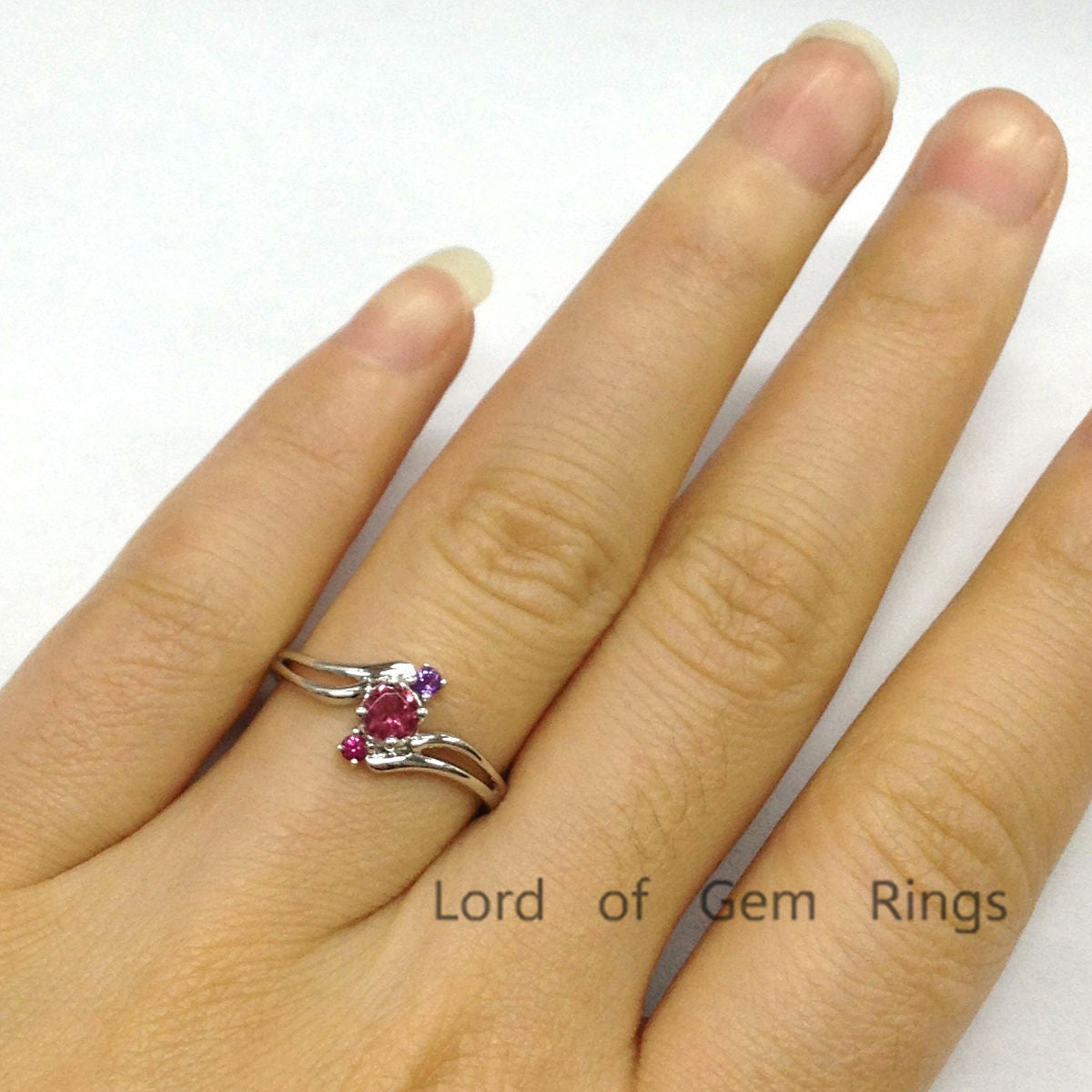 Round Red Tourmaline Engagement Ring Ruby&Amethyst Wedding 14K White Gold, 4mm, 2mm - Lord of Gem Rings - 5