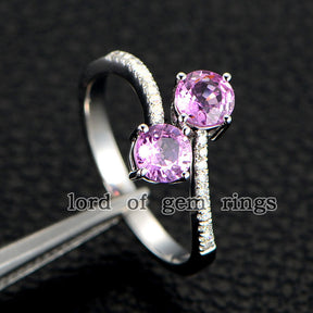 Double Round Pink Sapphire Engagement Ring Pave Diamond Wedding 14K White Gold Curved - Lord of Gem Rings - 5