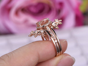 Round Sunstone Engagement Ring Bridal Trio Sets Moissanite Tiara Wedding 14K Rose Gold 9mm