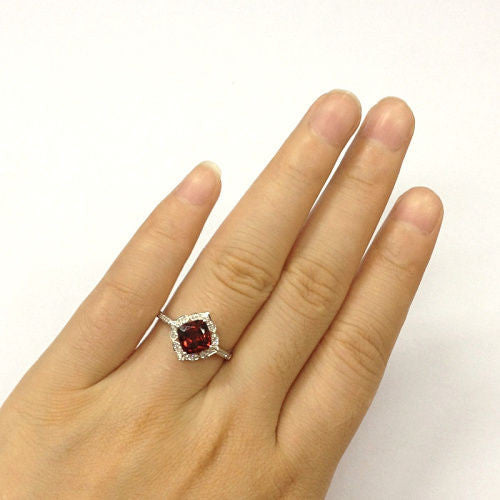 Cushion Red Garnet Engagement Ring Pave Diamond Wedding 14K White Gold 7mm  Art Deco - Lord of Gem Rings - 5