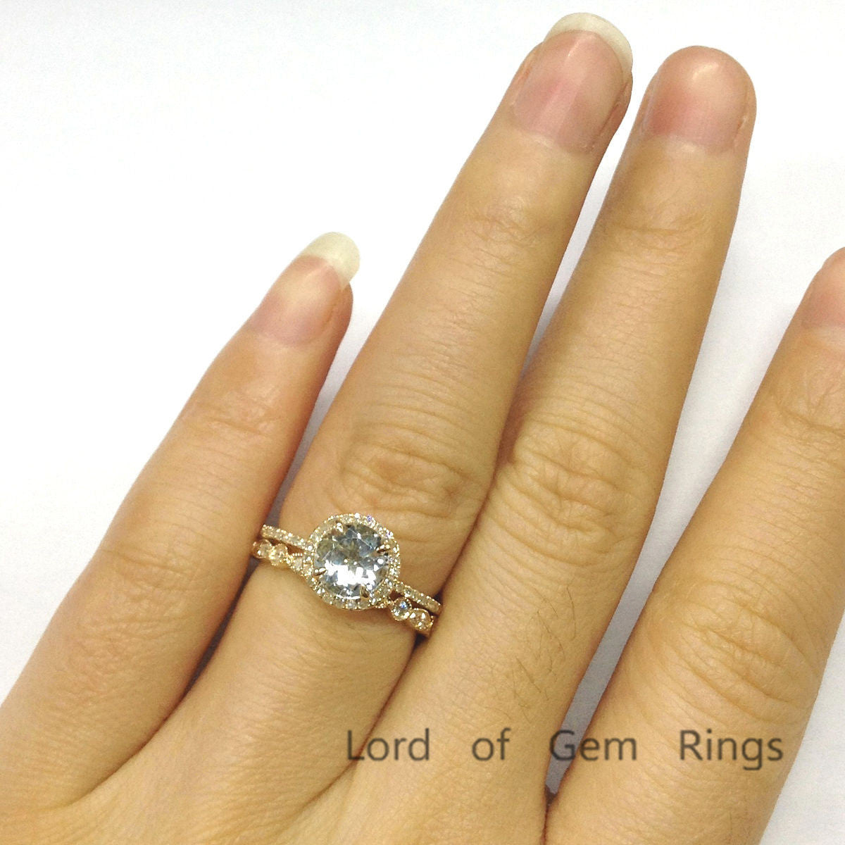 Round Aquamarine Engagement Ring Sets Pave Diamond Wedding 14K Yellow Gold 7mm Art Deco Band - Lord of Gem Rings - 5