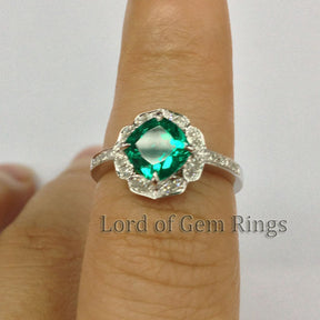 Cushion Emerald Engagement Ring Pave Diamond Wedding 14K White Gold 7mm  Vintage Floral Design HALO - Lord of Gem Rings - 5