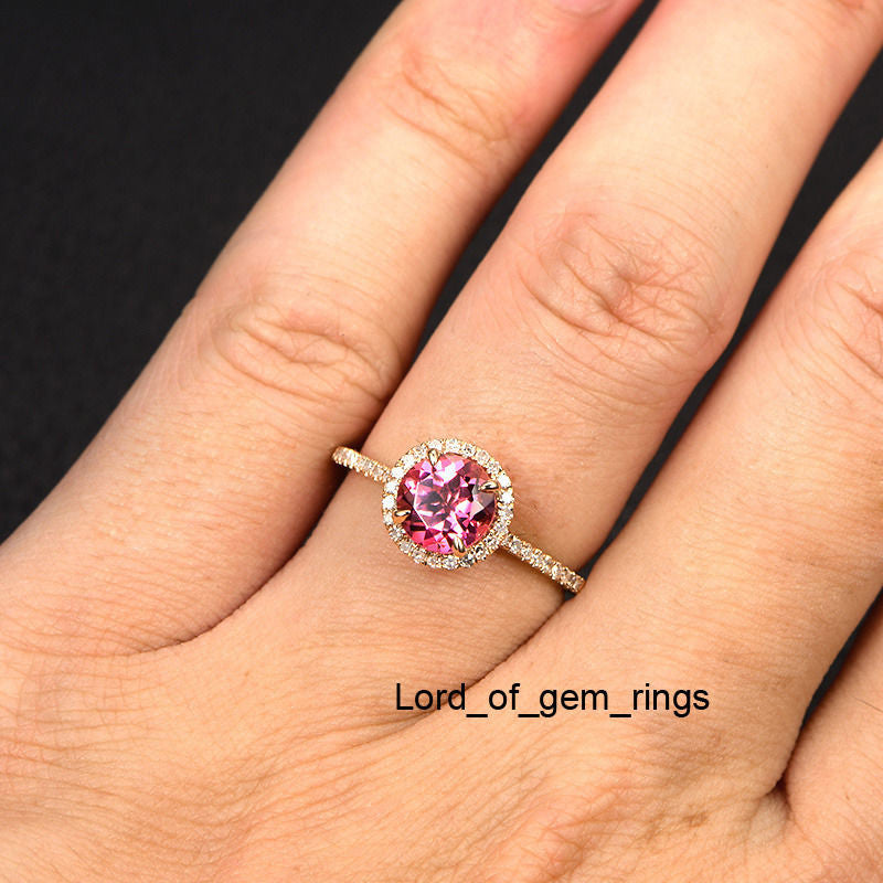 Round Pink Tourmaline Engagement Ring Pave Diamond Wedding 14K Rose Gold 7mm - Lord of Gem Rings - 5