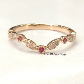 Ruby Diamond Wedding Band Half Eternity Anniversary Ring 14K Rose Gold Art Deco Curved - Lord of Gem Rings - 2