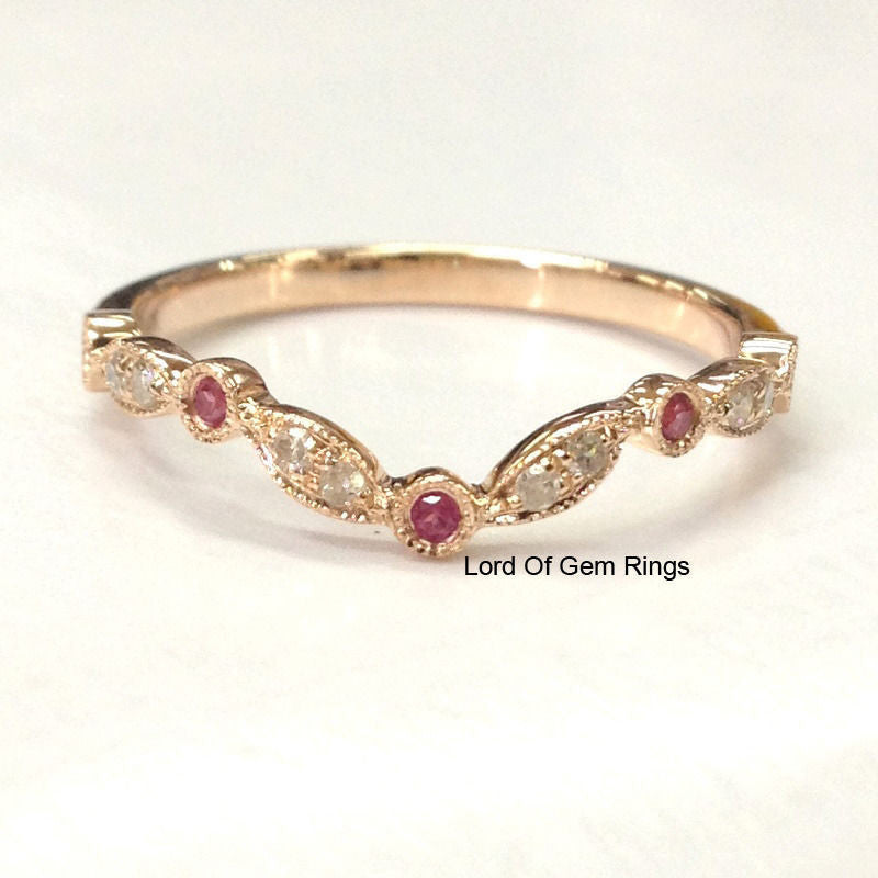 Ruby Diamond Wedding Band Half Eternity Anniversary Ring 14K Rose Gold Art Deco Curved - Lord of Gem Rings - 2