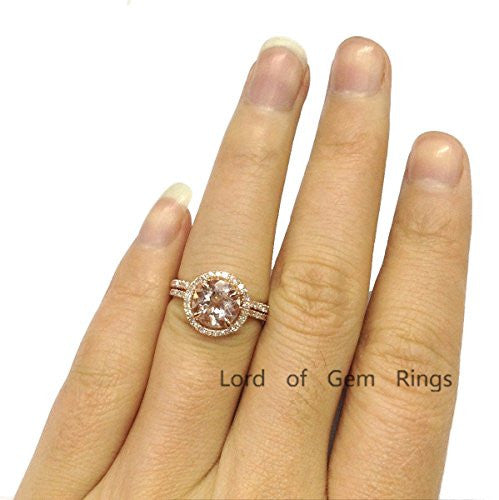 Round Morganite Engagement Ring Sets Pave Diamond Wedding 14K Rose Gold,8mm,Curved Band - Lord of Gem Rings - 5