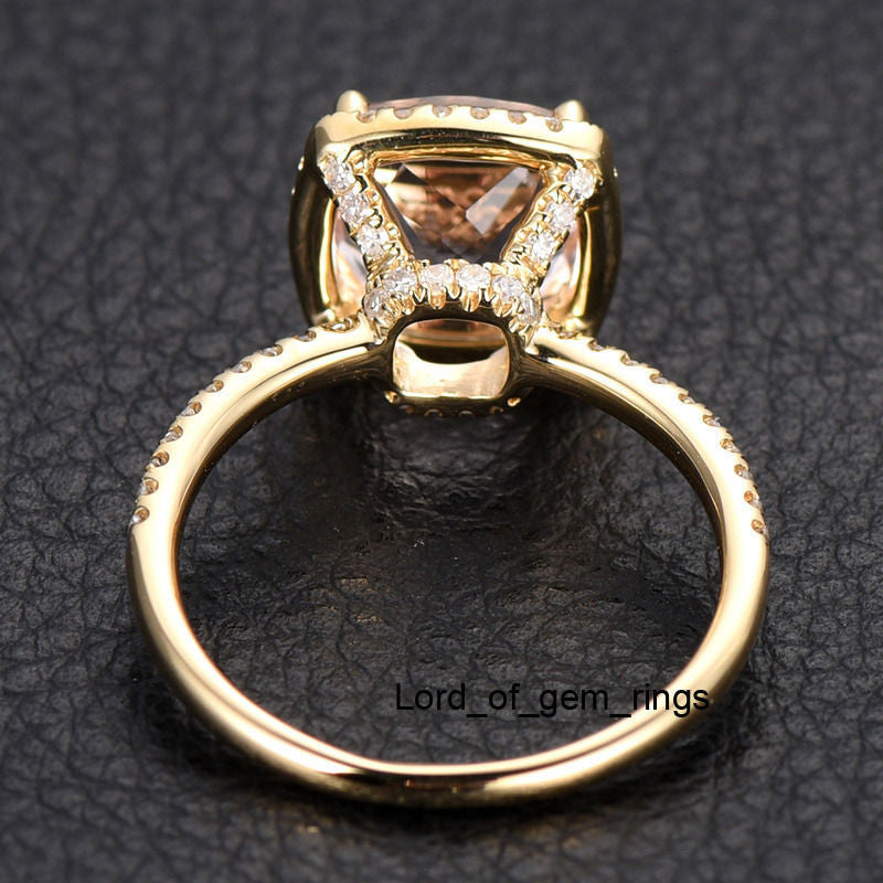 Reserved for asipony Cushion Morganite Engagement Ring Pave Diamond Wedding 14K Yellow Gold - Lord of Gem Rings - 5