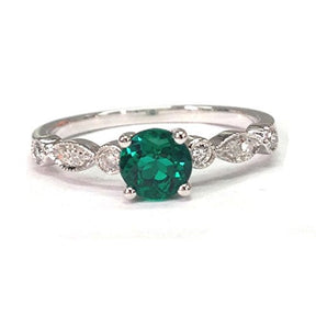 Round Emerald Engagement Ring Pave Diamond Wedding 14K White Gold,5mm,Art Deco Style - Lord of Gem Rings - 5