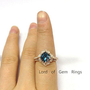 Cushion London Blue Topaz Engagement Ring Sets Pave Diamond Wedding 14K Rose Gold,8mm,Floral Unique - Lord of Gem Rings - 5