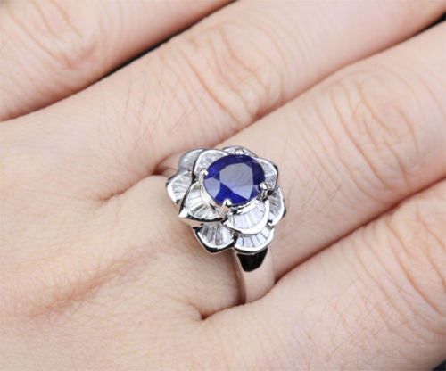 Sapphire Engagement Ring Baguette Diamond Wedding 14k White Gold 1.45ct  Flower - Lord of Gem Rings - 5