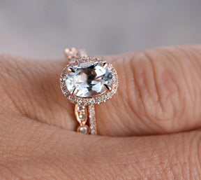 Oval Aquamarine Engagement Ring Sets Pave Diamond Wedding 14K Rose Gold 6x8mm Art Deco - Lord of Gem Rings - 5