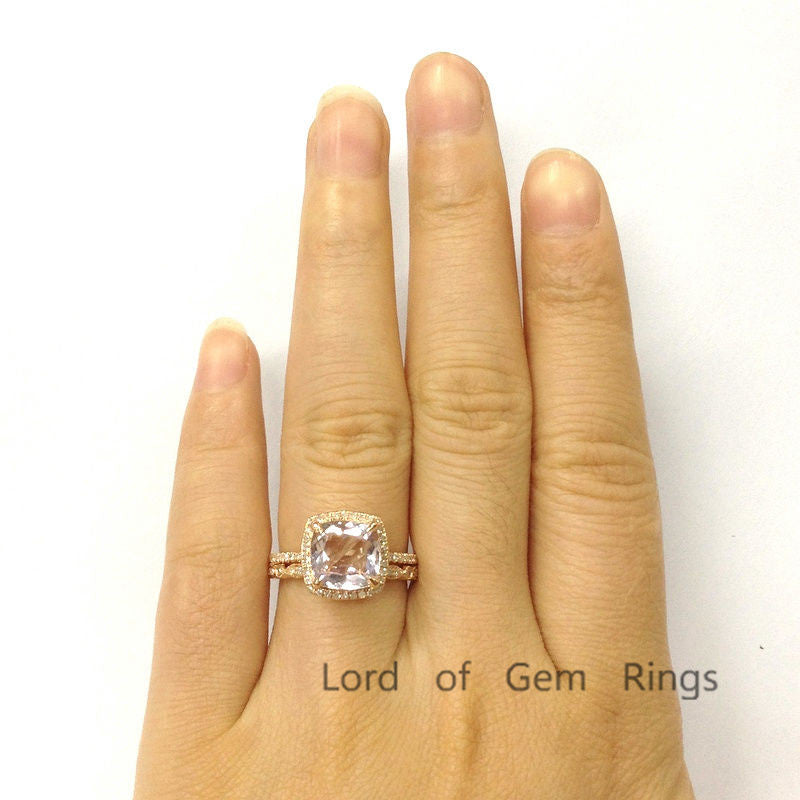 Reserved for Frank, Retangular Cushion Pink Morganite Engagement Ring Bridal Sets Pave Diamond 14K Rose Gold - Lord of Gem Rings - 8