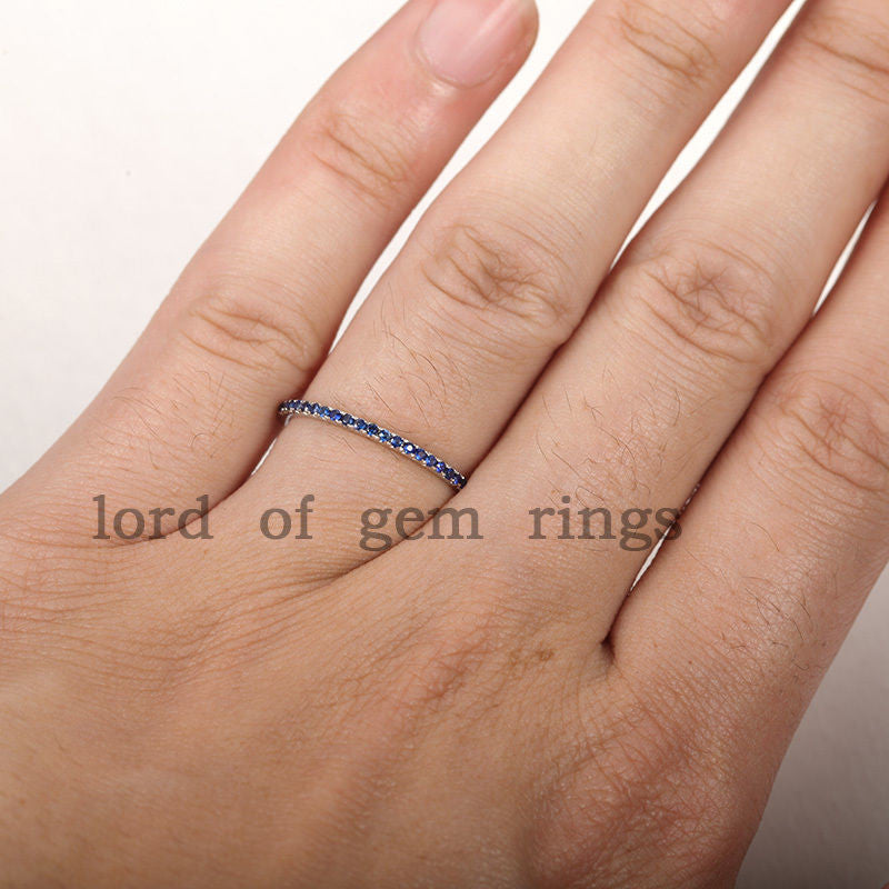 Pave Brilliant Blue Sapphire Wedding Band Half Eternity Anniversary Ring 14K White Gold - Lord of Gem Rings - 5
