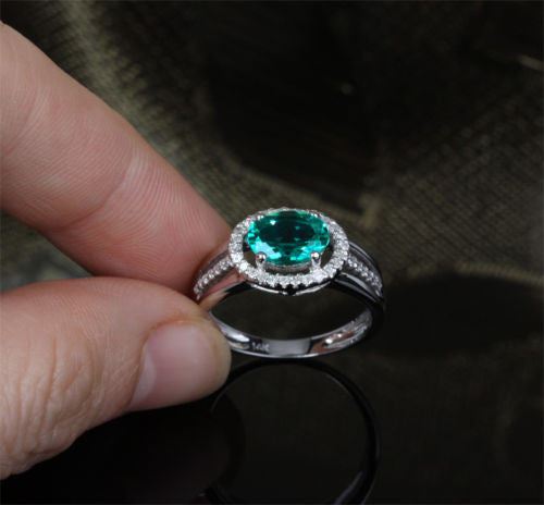 Oval Emerald Engagement Ring Pave Diamond Wedding 14k White Gold 6x8mm - Lord of Gem Rings - 6