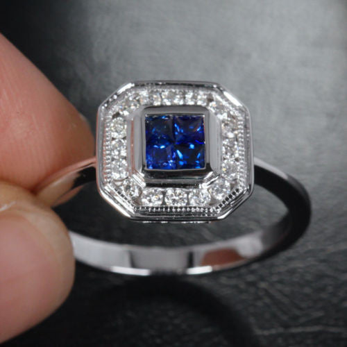 Princess Sapphire Engagement Ring Pave Diamond Wedding 14k White Gold 0.98ct Invisible Diamonds - Lord of Gem Rings - 6