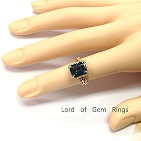 Emerald Cut London Blue Topaz Engagement Ring Trio Sets Pave Diamond Wedding 14K Rose Gold,8x10mm - Lord of Gem Rings - 6