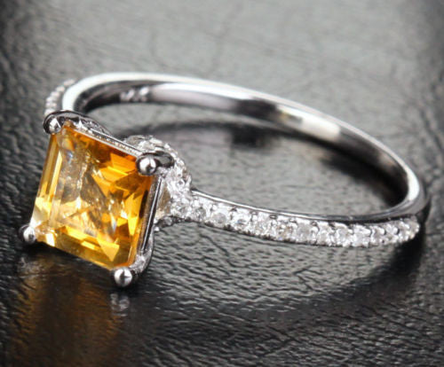 Princess Citrine Engagement Ring Pave Diamond Wedding 14k White Gold 6mm - Lord of Gem Rings - 6