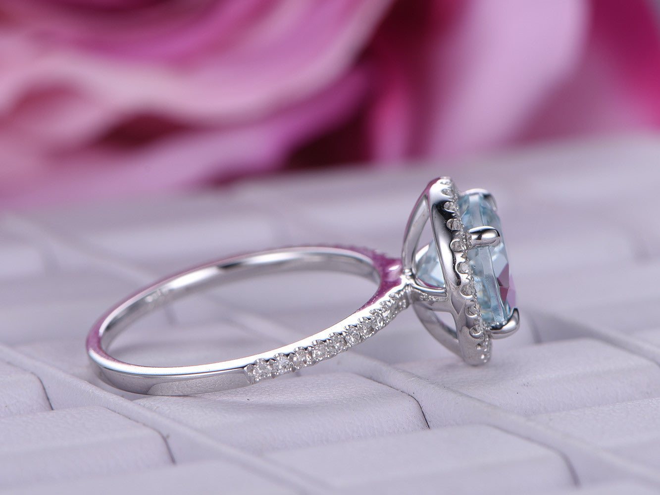 Round Aquamarine Halo Ring with Diamond Accents 14K White Gold