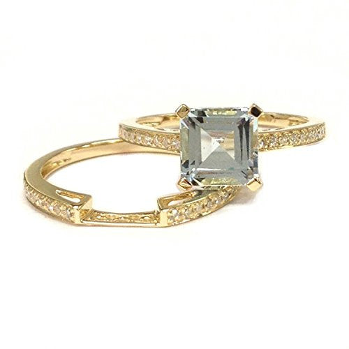 Asscher Cut Aquamarine Engagement Ring Sets Pave Diamond Wedding 14K Yellow Gold,6.5mm - Lord of Gem Rings - 6