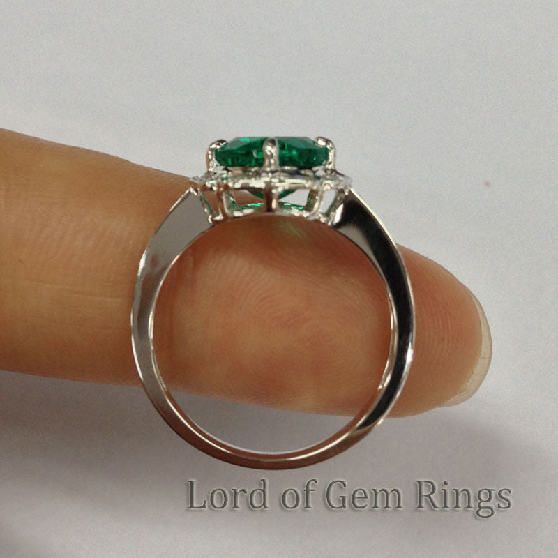 Cushion Emerald Engagement Ring Pave Diamond Wedding 14K White Gold 7mm  Vintage Floral Design HALO - Lord of Gem Rings - 6