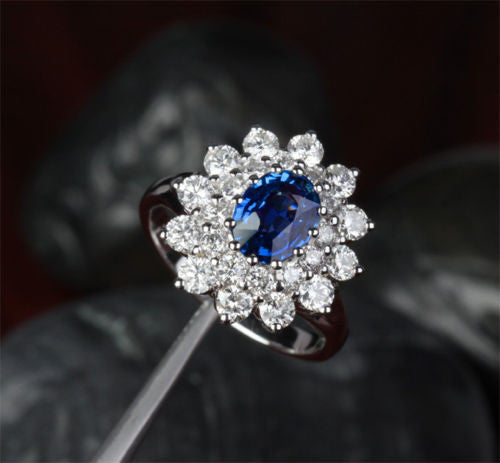 Oval Sapphire Engagement Ring VS Diamond Wedding 18k White Gold 3.62ct Flower - Lord of Gem Rings - 6