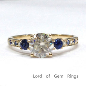 Round Moissanite Engagement Ring Pave Sapphire Moissanite Wedding 14K Yellow Gold 6.5mm - Lord of Gem Rings - 6