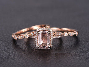 Reserved for ITU Emerald Cut Morganite Ring Trio Sets Diamond Art Deco Bands 14K Rose Gold