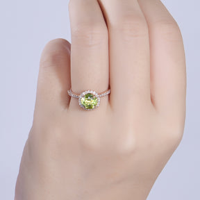 Round Peridot Diamond Halo Engagement Ring 14K Rose Gold