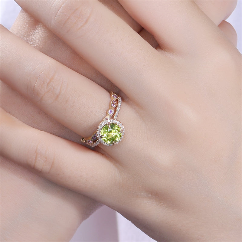 Round Peridot Ring Amethyst Wedding Band Bridal Set 14K Gold