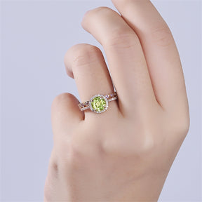 Round Peridot Ring Amethyst Wedding Band Bridal Set 14K Gold