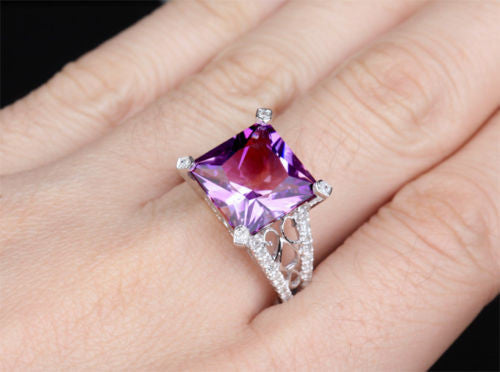Princess Amethyst Engagement Ring Pave Diamond Wedding 14K White Gold 10.5mm - Lord of Gem Rings - 5