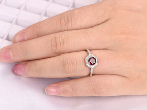 Round Ruby Diamond Hexagon Halo Engagement Ring 14k White Gold