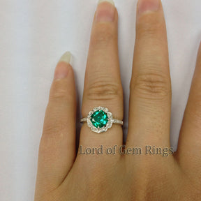Cushion Emerald Engagement Ring Pave Diamond Wedding 14K White Gold 7mm  Vintage Floral Design HALO - Lord of Gem Rings - 7