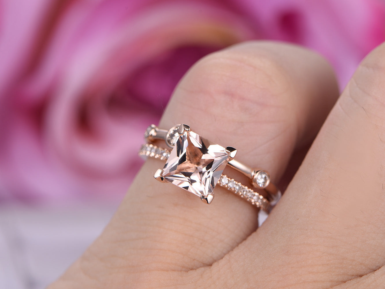 Princess Morganite Ring Bubble Diamond Bridal Set 14K Rose Gold