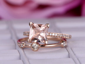 Princess Morganite Ring Bubble Diamond Bridal Set 14K Rose Gold