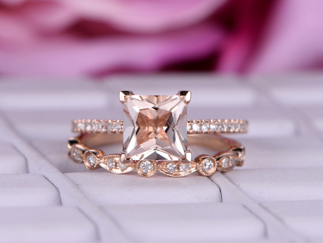 Princess Morganite Ring Art Deco Diamond Accents Bridal Set