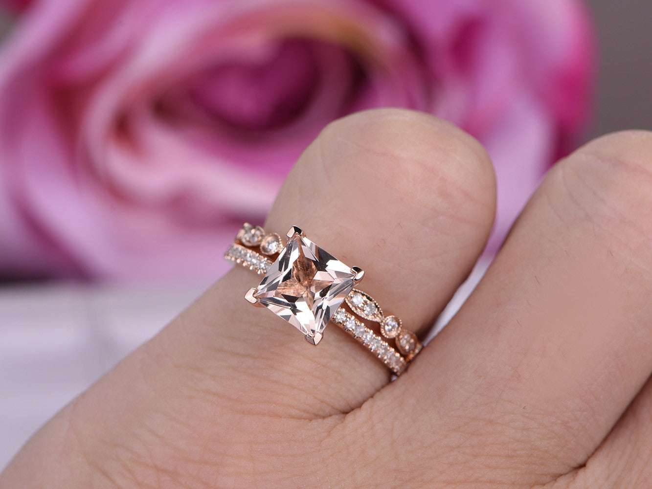 Princess Morganite Ring Art Deco Diamond Accents Bridal Set