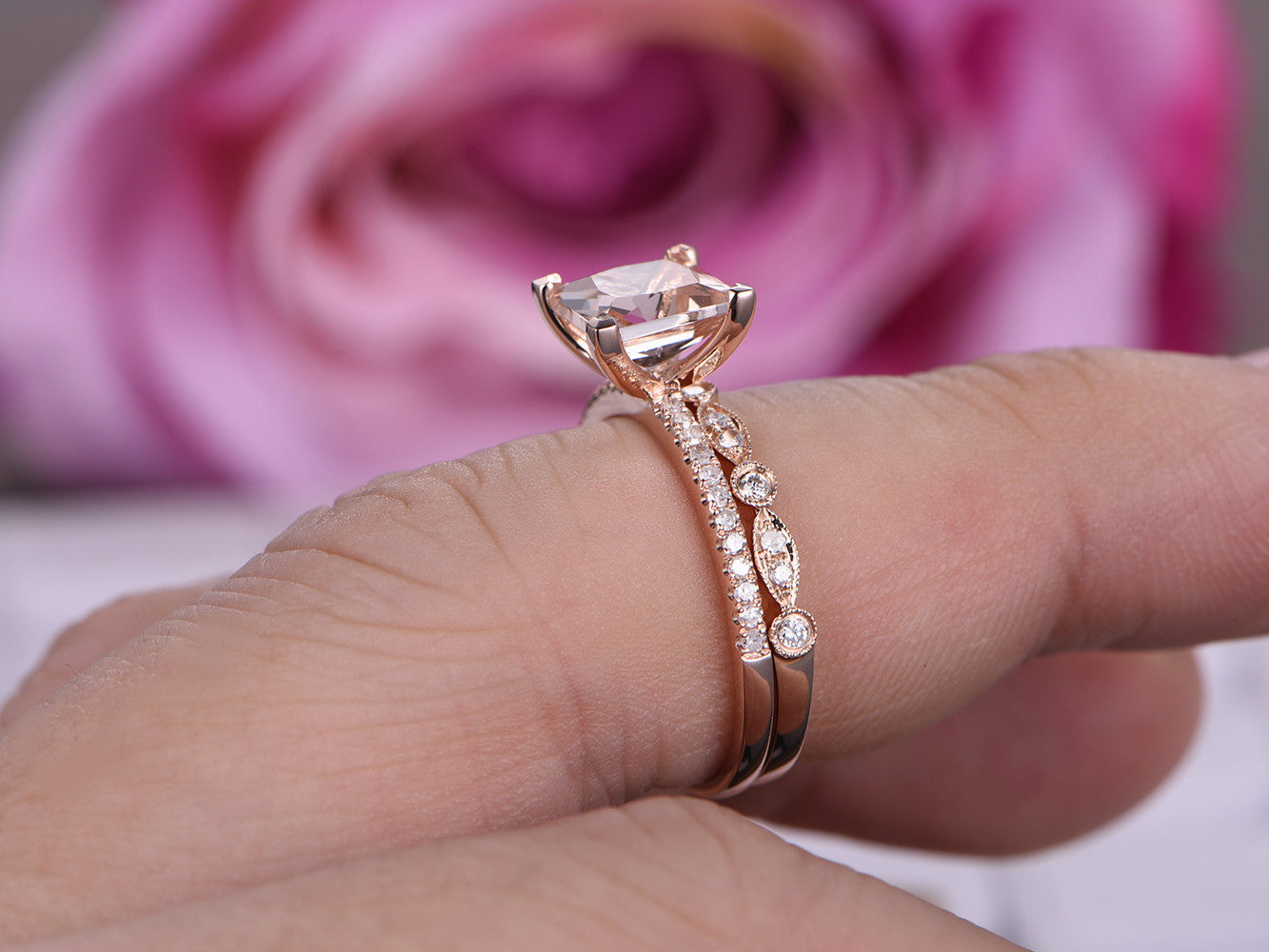 Reserved for Andrea Princess Morganite Ring United-as-One Sets 14K Rose Gold 6.5mm