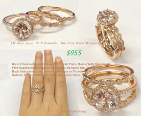 Reserved for Keri heart  Morganite Engagement Ring Trio Bridal Set 14K Rose Gold - Lord of Gem Rings - 2