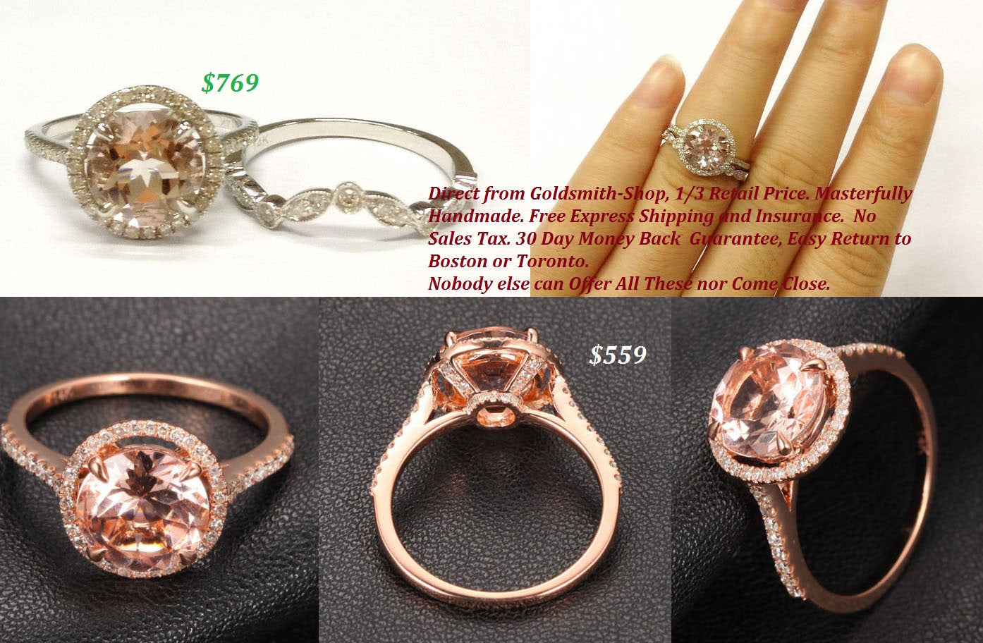 Reserved for Heather 1st payment Custom Round Morganite Engagement Ring 9mm - Lord of Gem Rings - 1