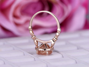 Round Sunstone Ring Diamond Art Deco Shank 14K Rose Gold 9mm