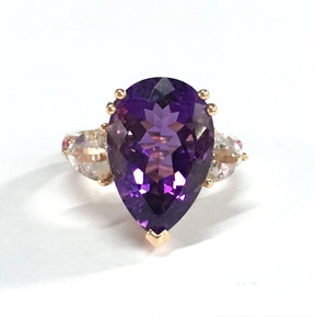 Reserved for Andile Elongated Pear amethyst and White Topaz 3-stone Ring 10x15mm